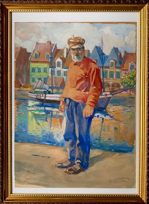 Schipper in een Vlaams havenstadje (1920) - Karel Vavrina, Antiek en Kunst, Kunst | Schilderijen | Klassiek, Ophalen of Verzenden