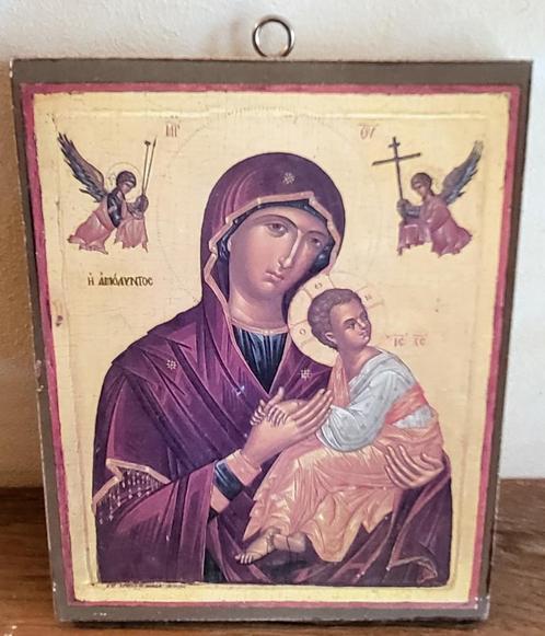 Devotieprentje op hout, Madonna met kind 13,3 x 10,7 cm, Verzamelen, Religie, Zo goed als nieuw, Christendom | Katholiek, Beeld(je)