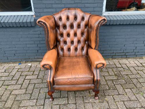 Engels Chesterfield oorfauteuil bruin gevlamd, Antiquités & Art, Antiquités | Meubles | Chaises & Canapés, Enlèvement ou Envoi