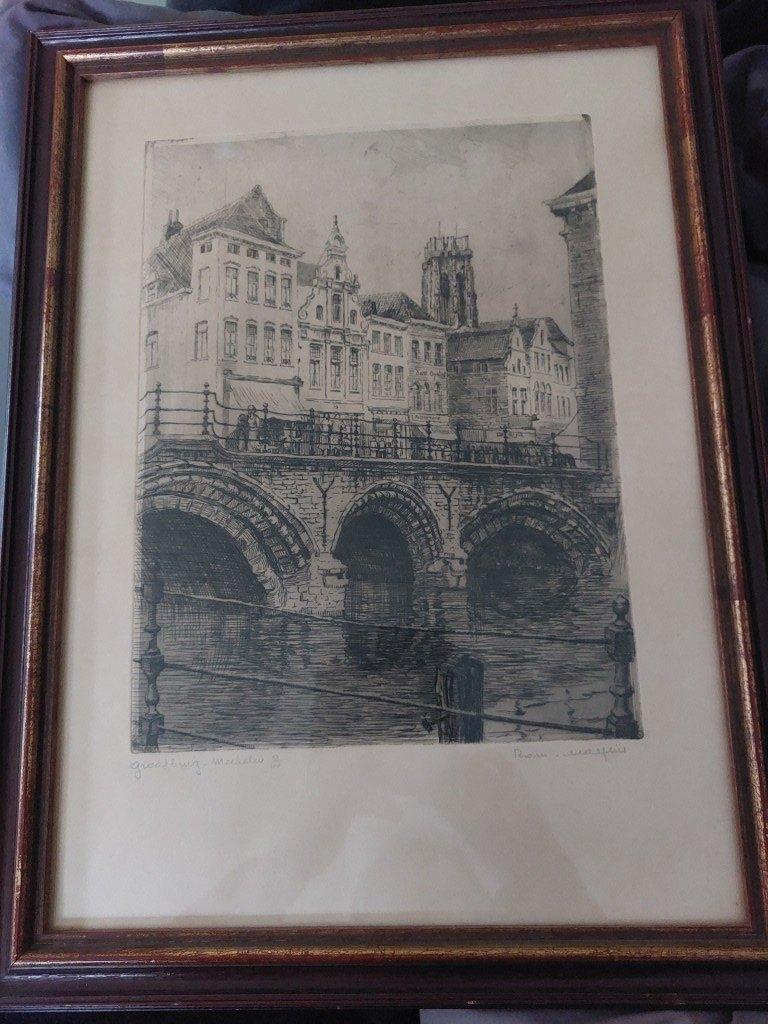 Ets, Antiek en Kunst, Ophalen, Stadsgezicht, Gesigneerd, 39 cm