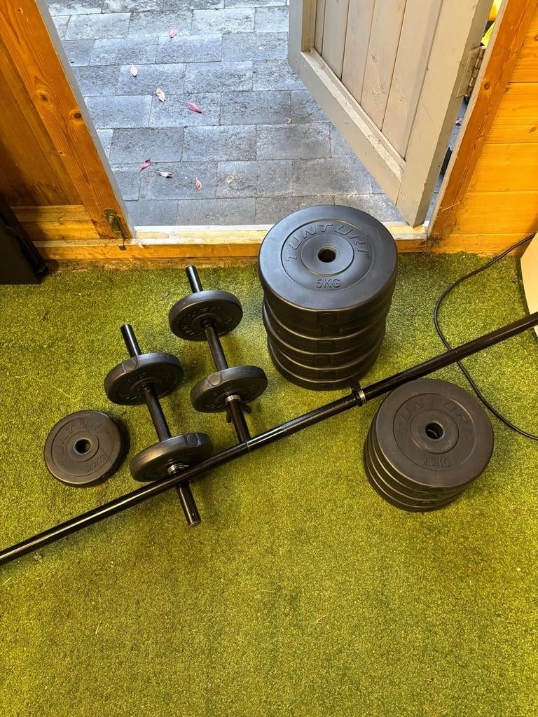 Halterset - barbell + dumbbells + 46kg gewicht, Sport en Fitness, Fitnessmaterialen, Halterset, Ophalen
