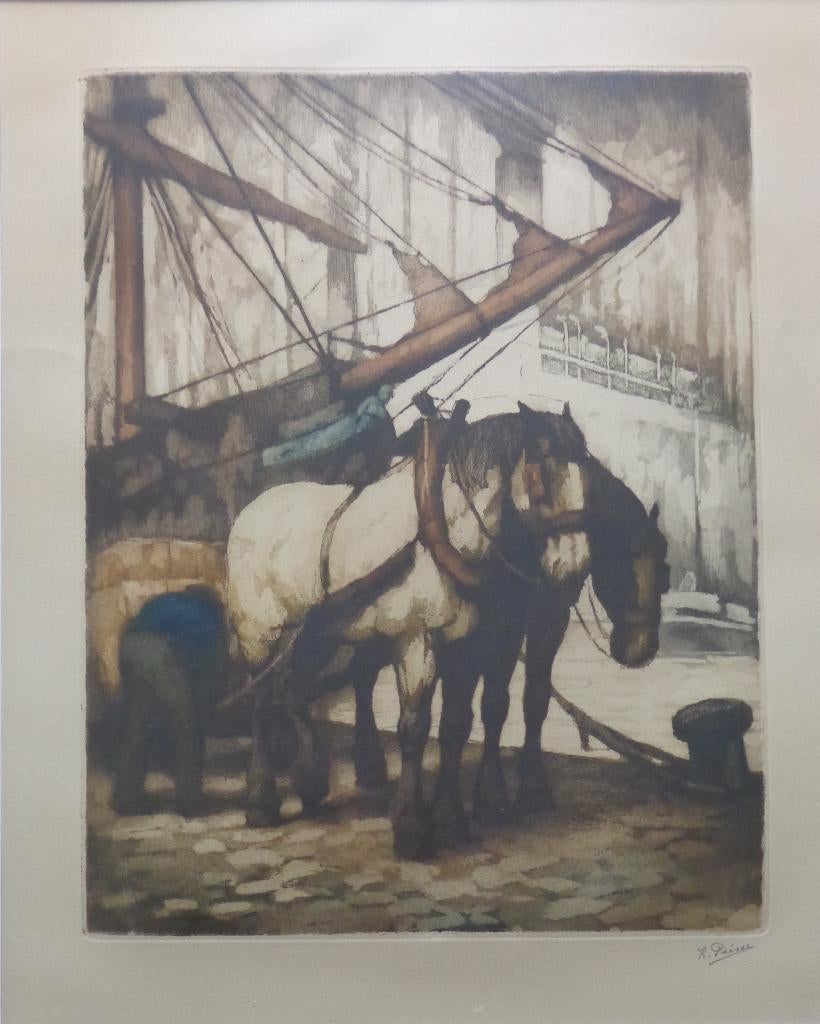 KURT PEISER / PAARDEN IN DE HAVEN / KLEURETS / 65x55cm KADER, Enlèvement ou Envoi