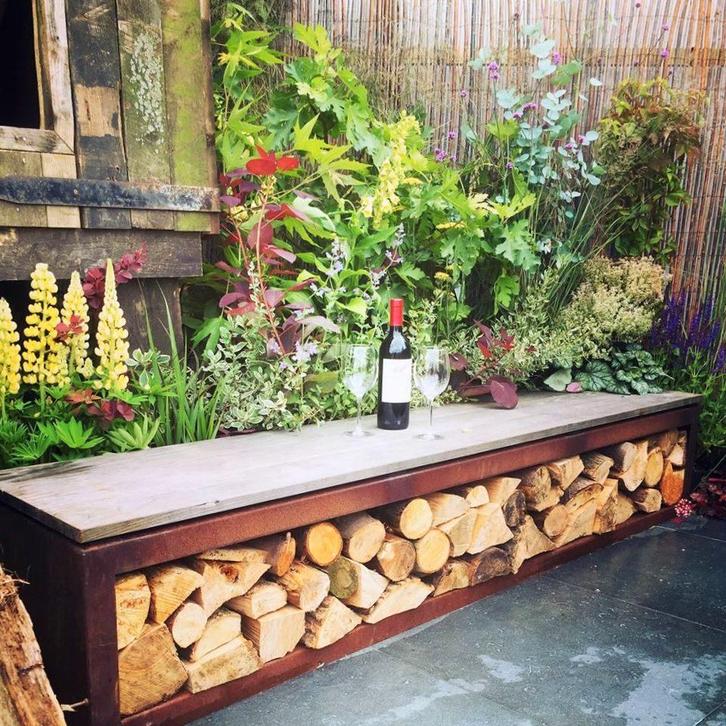 Banc de jardin en acier Corten, rangement en bois, Jardin & Terrasse, Bancs de jardin, Neuf, Métal, Enlèvement ou Envoi