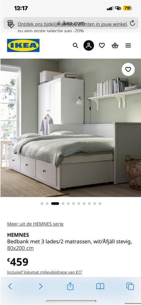 HEMNES Bedbank met 3 lades, wit/Åfjäll stevig, 80x200 cm, Ophalen, Gebruikt, Wit, Tweepersoons