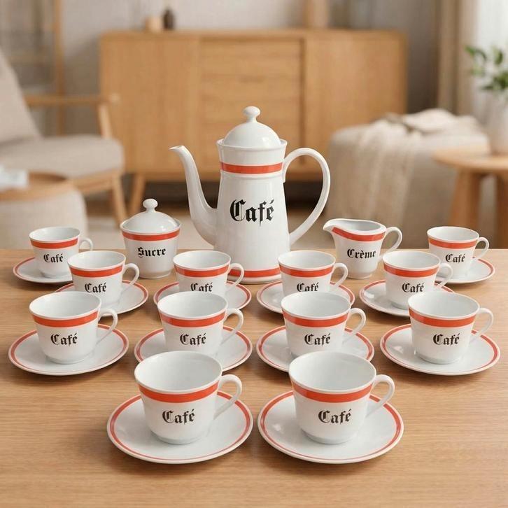 Genummerd porseleinen koffieservies voor 12 personen., Antiek en Kunst, Antiek | Servies compleet, Ophalen of Verzenden