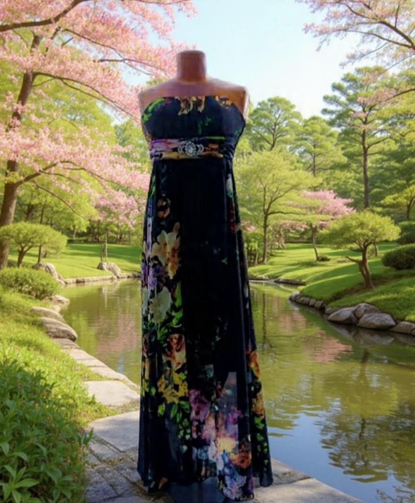 Lange, strapless galajurkM met bloemenprint met riem strass, Galajurk, Zwart, Nieuw, Ophalen of Verzenden