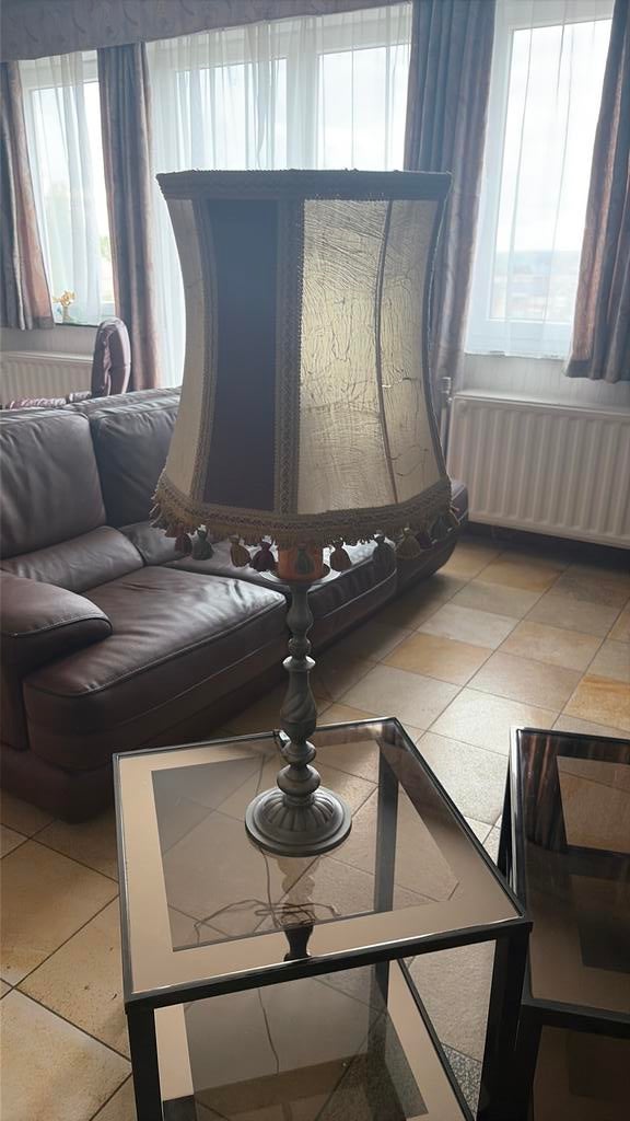 Grande lampe en étain ac abat-jour à pampilles, Maison & Meubles, Enlèvement, Utilisé, Vintage