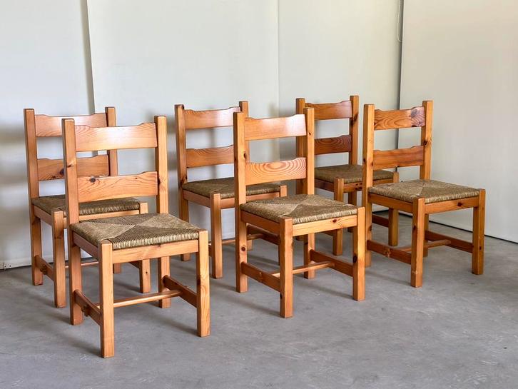 Vintage brutalist eetkamerstoelen (6), Maison & Meubles, Chaises, Comme neuf, Bois, Enlèvement