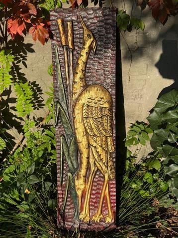 Handgesneden houten reliëf – vogel (reiger/kraanvogel) beschikbaar voor biedingen