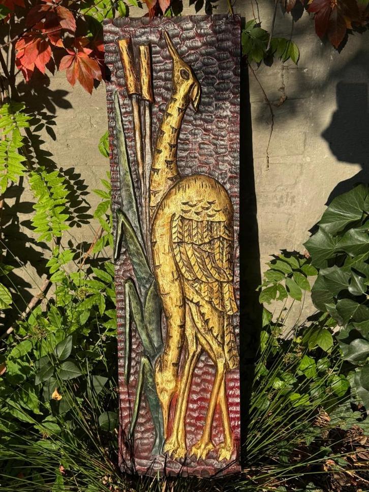 Handgesneden houten reliëf – vogel (reiger/kraanvogel), Antiek en Kunst, Kunst | Beelden en Houtsnijwerken, Ophalen of Verzenden