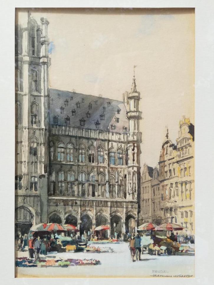 Herman Verbaere - de Grote markt van Brussel - mooie aquarel, Antiek en Kunst, Kunst | Schilderijen | Klassiek, Ophalen of Verzenden