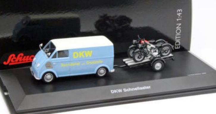 1:43 Schuco 02388 DKW Schnellaster, aanhanger & 2x Motoren, Hobby en Vrije tijd, Modelauto's | 1:43, Nieuw, Overige typen, Schuco