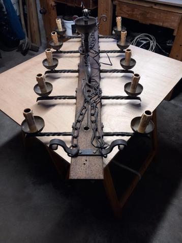 lustre en chêne et fer forgé., Enlèvement, Utilisé