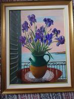 Olieverf op canvas boeket van IRIS met een Provençaalse vaas, Ophalen of Verzenden