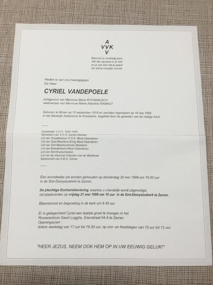 C.Vandepoele Bilzen +Roeselare 1999 lid Broederband AVV-VVK, Verzamelen, Bidprentjes en Rouwkaarten, Rouwkaart, Verzenden