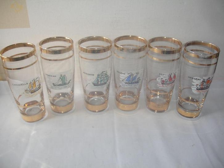 6 bier- of frisdrank glazen met afbeelding van boten, Verzamelen, Glas en Drinkglazen, Gebruikt, Frisdrankglas, Ophalen of Verzenden