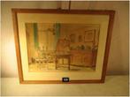 Mooi Oud Geschilderd Aquarel 'In de Huiskamer' - Poortman, Antiek en Kunst, Ophalen of Verzenden