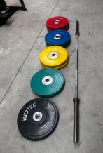 150kg Gekleurde Competition Bumperplates ,Barbell 220cm,20kg, Sport en Fitness, Ophalen, Gebruikt, Halterschijven