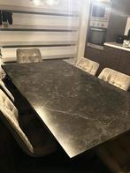 Tafel hout met marmeren look en ijzeren poten (1m80), Huis en Inrichting, Ophalen, Gebruikt, 50 tot 100 cm, Vijf personen of meer