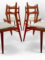 4 x Habeo Boomerang vintage teak eetkamerstoelen bouclé, Huis en Inrichting, Stoelen, Ophalen, Zo goed als nieuw