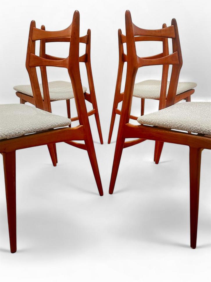4 x Habeo Boomerang vintage teak eetkamerstoelen bouclé, Maison & Meubles, Chaises, Comme neuf, Enlèvement