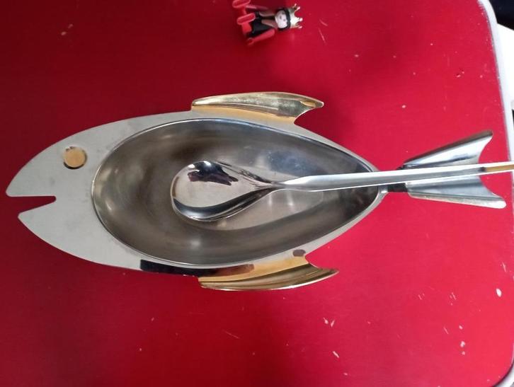 479) Inox PIAZZA EFFEPI visschotel met bijhorende lepel.., Antiek en Kunst, Antiek | Schalen, Ophalen of Verzenden