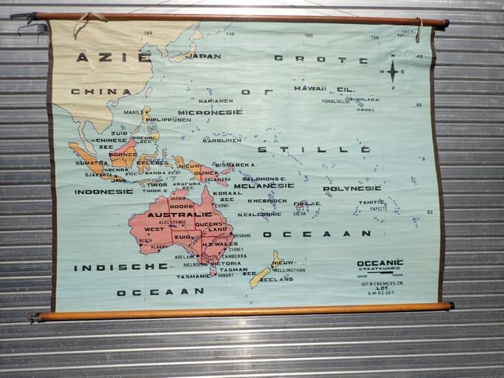 Oude schoolkaart Oceanië - Staatkundig, Antiek en Kunst, Antiek | Schoolplaten, Aardrijkskunde, Ophalen