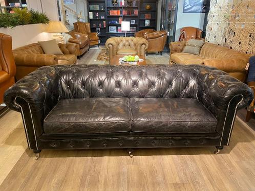 Gave Chesterfield 3 Zits zetel Vintage look Zwart leer, Antiek en Kunst, Antiek | Meubels | Stoelen en Sofa's, Ophalen of Verzenden