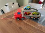 Houten vrachtwagen met 1-2-3 auto’s, Ophalen, Gebruikt, Duw- of Trekspeelgoed