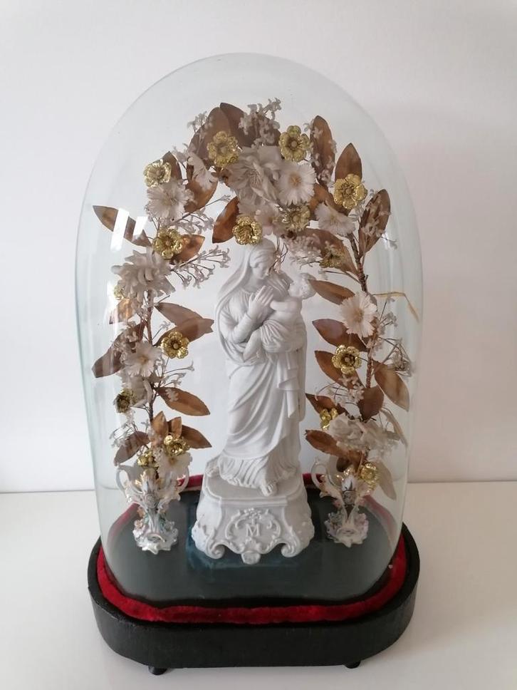 Victoriaanse globe met bisquit Maria met kind, Verzamelen, Religie, Gebruikt, Ophalen