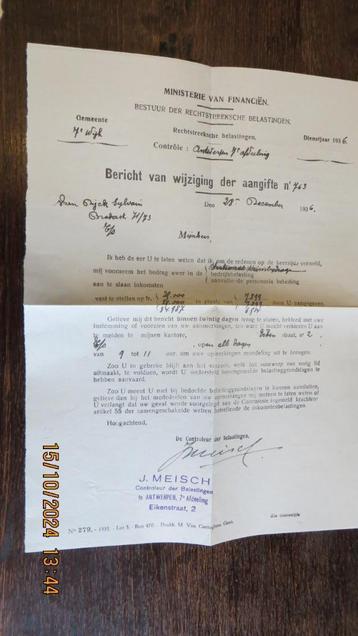 Oud document uit 1936 Rechtstreekse Belastingen Antwerpen  beschikbaar voor biedingen