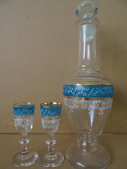 Antiek likeurstel glazen likeurset mondgeblazen geëmailleerd, Antiek en Kunst, Antiek | Glaswerk en Kristal, Ophalen of Verzenden