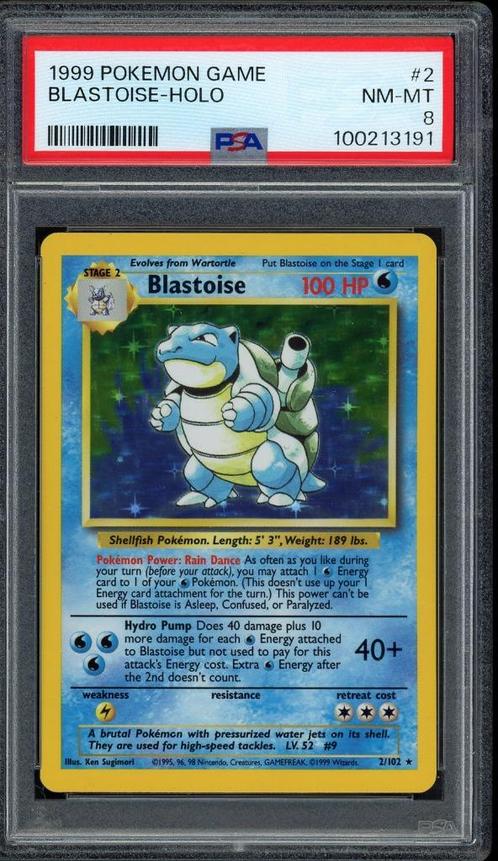Blastoise Holo PSA 8 - 2/102 - Base Set 1999, Hobby en Vrije tijd, Verzamelkaartspellen | Pokémon, Zo goed als nieuw, Losse kaart