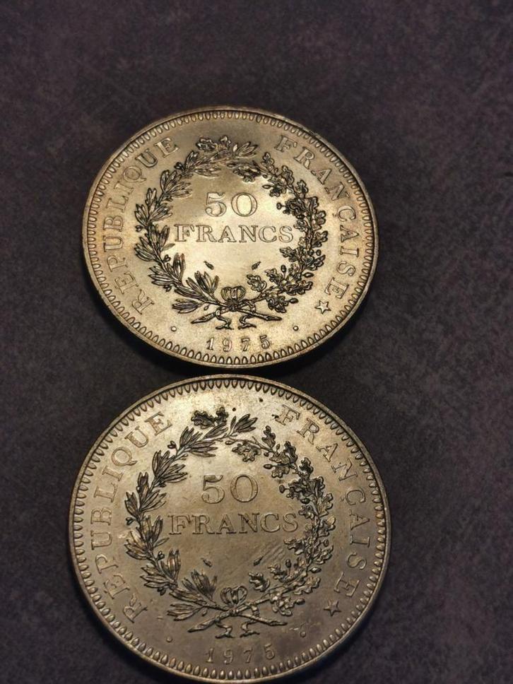 France,2 stuk 50 Francs 1975, Hercules,zilver grote munt, Postzegels en Munten, Munten | Europa | Niet-Euromunten, Setje, Frankrijk