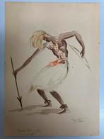 Tekening aquarel danser Congo, Antiek en Kunst, Ophalen of Verzenden