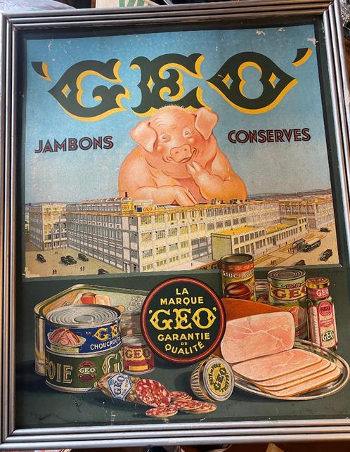 JAMBONS ET CONSERVES GEO - Panneau lithograph - plaque -1930, Collections, Marques & Objets publicitaires, Enlèvement ou Envoi