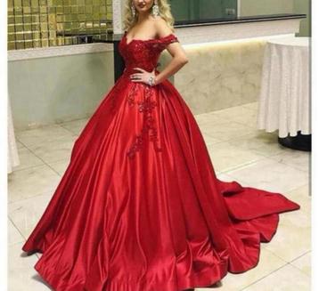 Trouwjurk Sweetheart Off Shoulder - Satijn baljurk gala jurk, Kleding | Dames, Ophalen of Verzenden, Nieuw, Rood, Trouwjurk