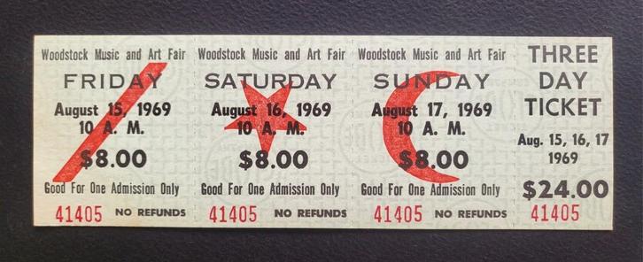 Woodstock Ticket - Origineel - 3 dagen - nr. 41405, Tickets en Kaartjes, Concerten | Rock en Metal, Eén persoon, Augustus, Rock of Poprock