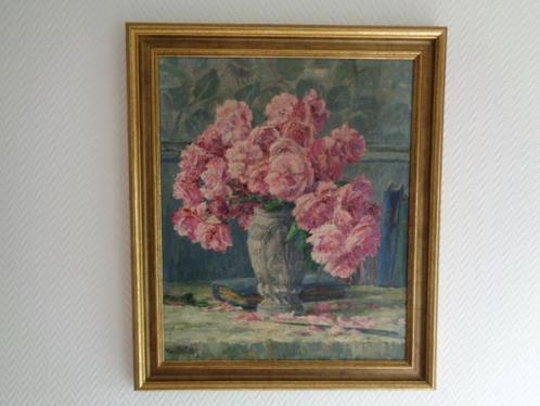 Tableau: Vase et fleurs. Signé: "Marie MOLITOR" Vintage, Antiek en Kunst, Antiek | Vazen, Ophalen
