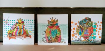 3  leuke vrolijke dieren schilderijen beschikbaar voor biedingen