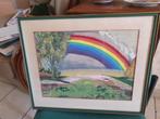 Regenbooglandschap – verf op papier in groene lijst, Ophalen