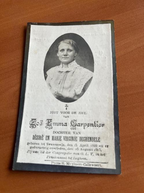 Rouwkaart Zoë Carpentier  Swevezeele 1899 + 1917, Collections, Images pieuses & Faire-part, Carte de condoléances, Envoi