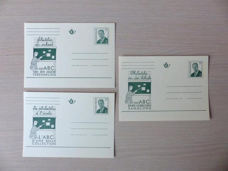 3 Geïllustreerde briefkaarten NL-FR-D : Filatelie op school, Postzegels en Munten, Postzegels | Europa | België, Ophalen of Verzenden