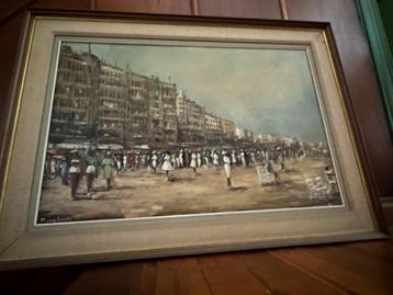 schilderij - olie op doek- strand op een drukke zomerdag beschikbaar voor biedingen