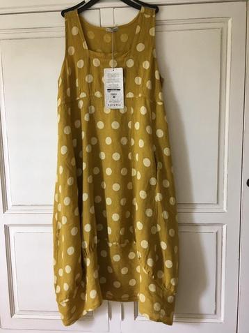 Neuve ! Robe longue en lin ocre à pois jaune pâle - Taille L beschikbaar voor biedingen