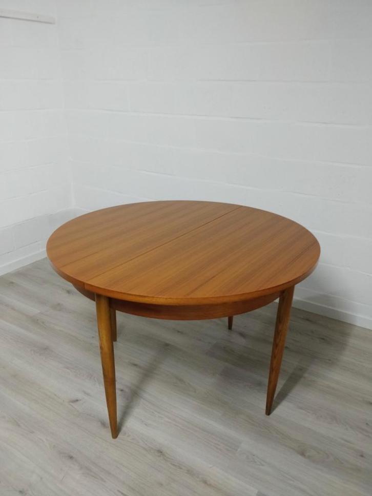 Vintage midcentury ronde uitschuifbare eetkamertafel, Huis en Inrichting, Tafels | Eettafels, Zo goed als nieuw, Ophalen