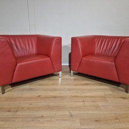 2x Montel Parker Fauteuils - Rood - Leder - Design -Topstaat, Huis en Inrichting, Stoelen, Zo goed als nieuw, Twee, Leer, Metaal