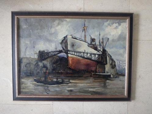 Navire à quai vers 1950/1960 - Activité, Antiquités & Art, Art | Peinture | Classique, Enlèvement ou Envoi