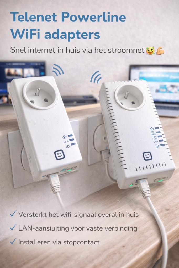 Telenet Powerline WiFi adapters (set van 2), Computers en Software, WiFi-versterkers, Gebruikt, Ophalen