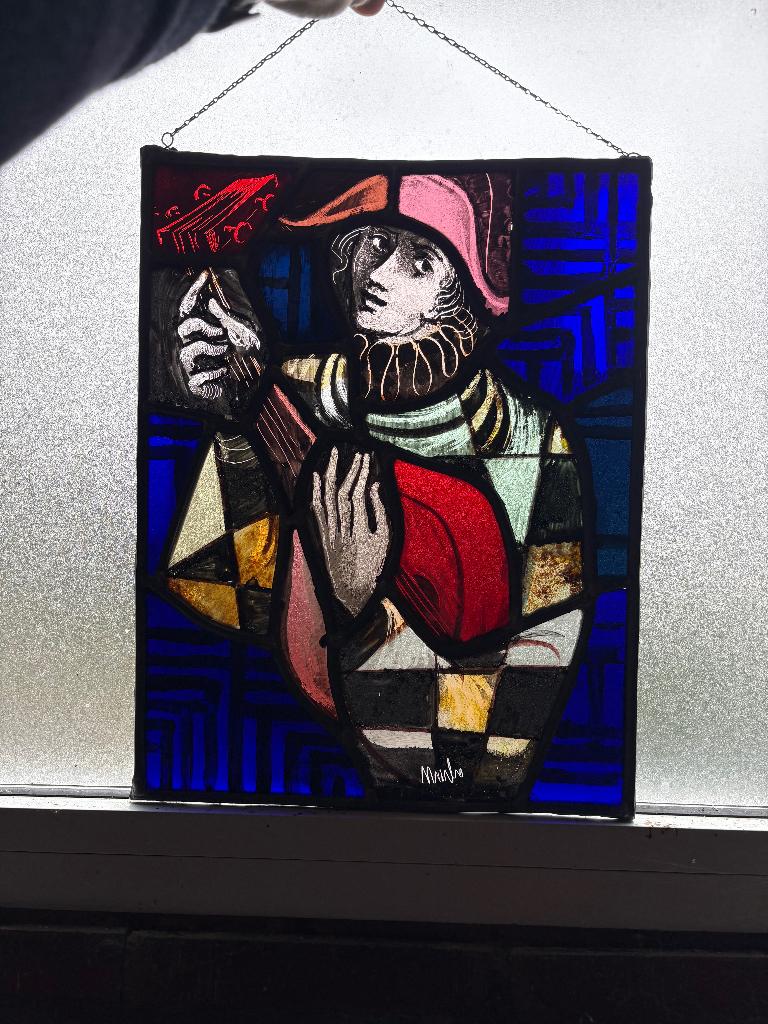 Set van 5 glazen loodraampjes met gebrande tekeningen, Antiquités & Art, Antiquités | Verre & Cristal, Enlèvement